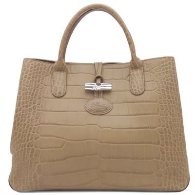 ロンシャン 【美品】 ハンドバッグ 茶 クロコ型押し レディース