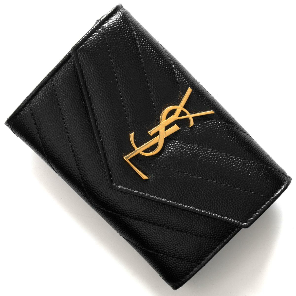 極美品 付属品完備】サンローラン 三つ折り財布 キャビアスキン 黒 YSLロゴ
