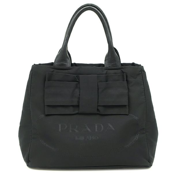 【PRADA】2wayバッグ　ハンドバッグ　ロゴ金具　リボン　ナイロン　ブラック プラダ 2WAYバッグ ロゴ リボン ナイロン ブラック ハンドバッグ