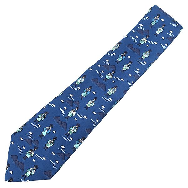 エルメス HERMES ネクタイ 果物狩り 落ち葉 9cm シルク ブルー  