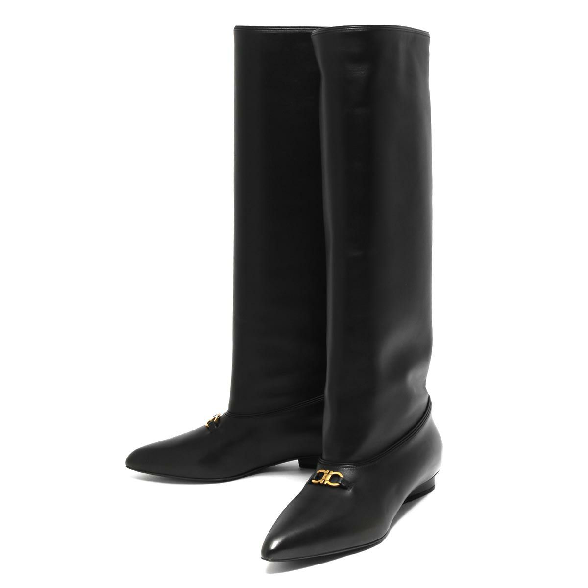 Salvatore Ferragamo◇ロングブーツ/-/BLK/レザー/DU22591（フェラガモ 